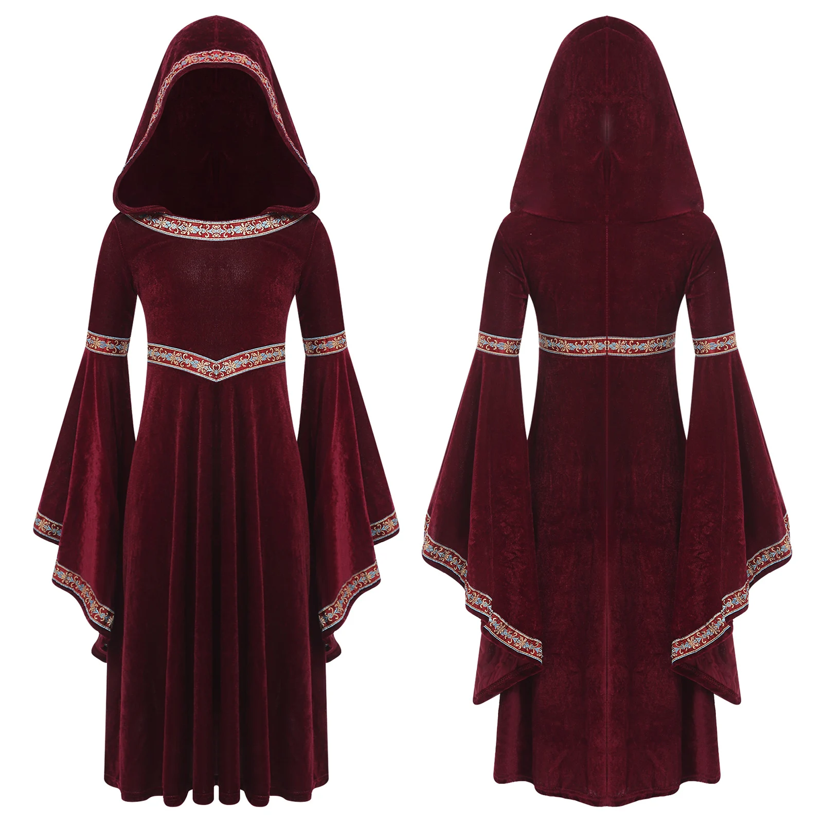 Robe de Princesse Médiévale Cosplay Hood Broderie Velours Burgundy Costume Fête Thématique