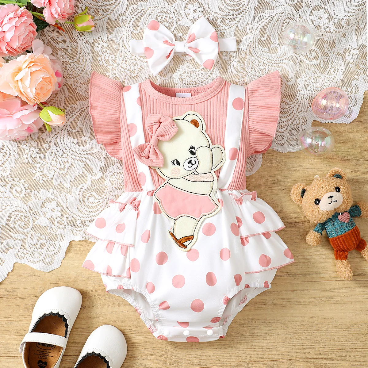Robe salopette nounours brodée pour bébé fille motif pois rose manches