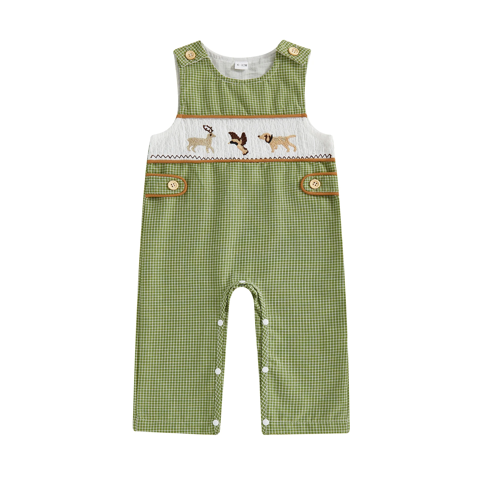 Salopette bébé brodée d'animaux style casual tissu coton motif à carreaux vert unisexe 46 ans