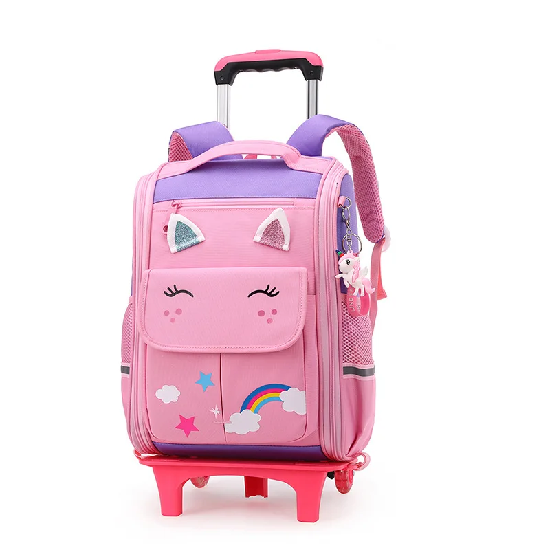Sac d'école étudiant roulant haute capacité sac à dos enfants chariot sac à roulettes 2 roues purple