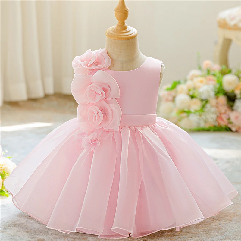 Robe de baptême princesse pour bébé fille robe de fête sans manches fleurs 3D matériau doux usage anniversaire