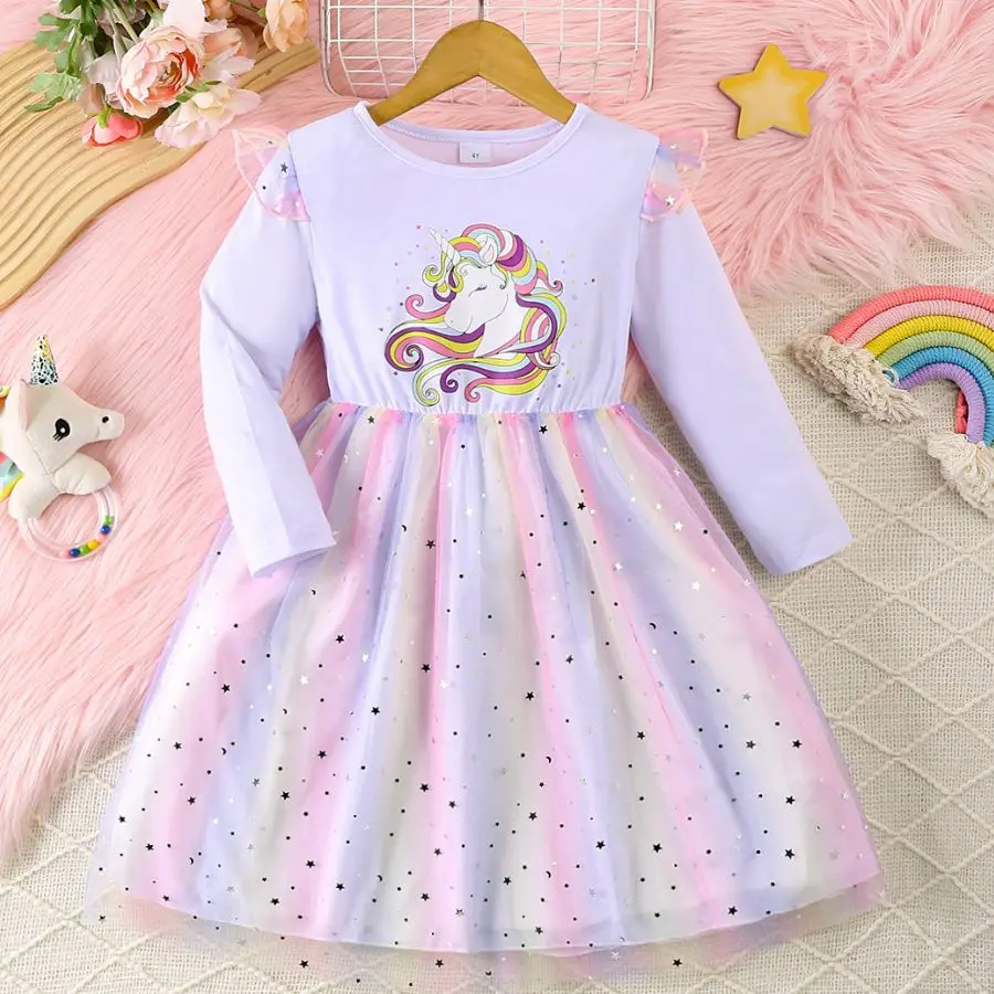 Robe de soirée licorne pour filles manches longues imprimé arcenciel robe princesse printempsautomne vêtements
