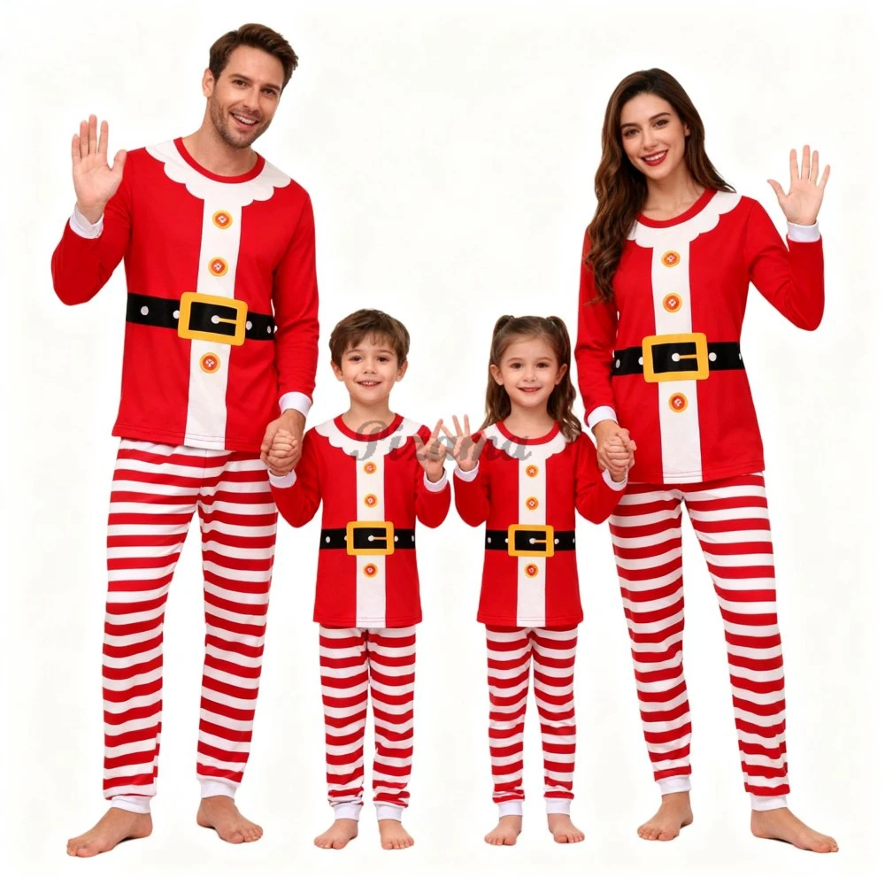 Ensemble pyjamas Noël famille coordonné Père Noël rayé rouge doux en coton bébé enfant adulte usage nocturne s