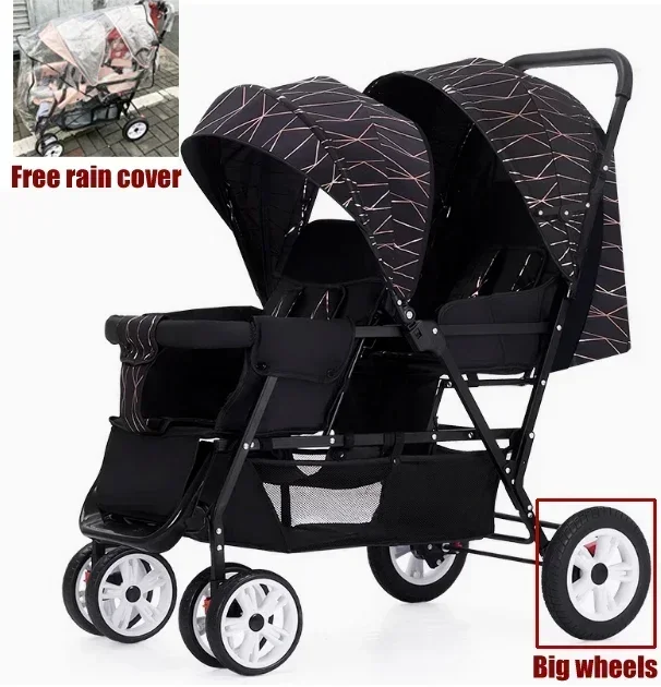 Poussette jumelle enfants doubles confort sécurité moderne aluminium roues grandes capotes couverture pluie pa