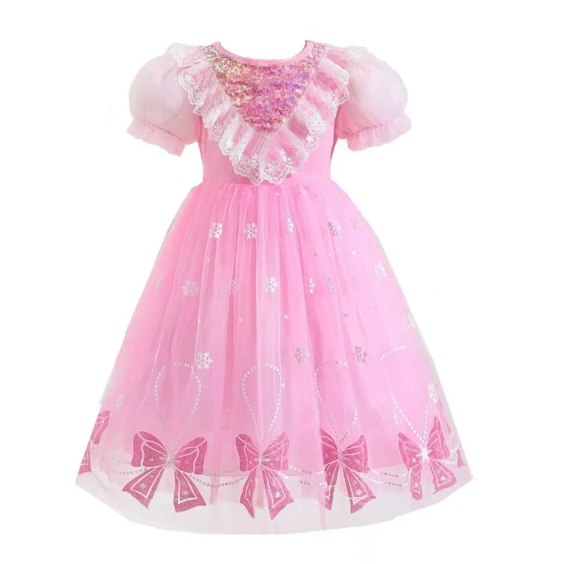 Robe princesse fille costume cosplay anniversaire carnaval robe bouffante douce tulle dentelle paillettes rose