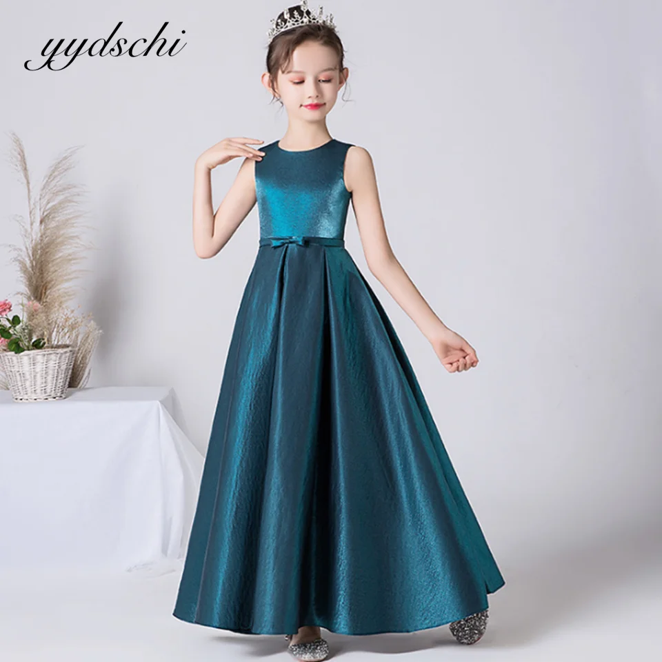 Robe de cérémonie pour fille en satin Aline turquoise sans manches
