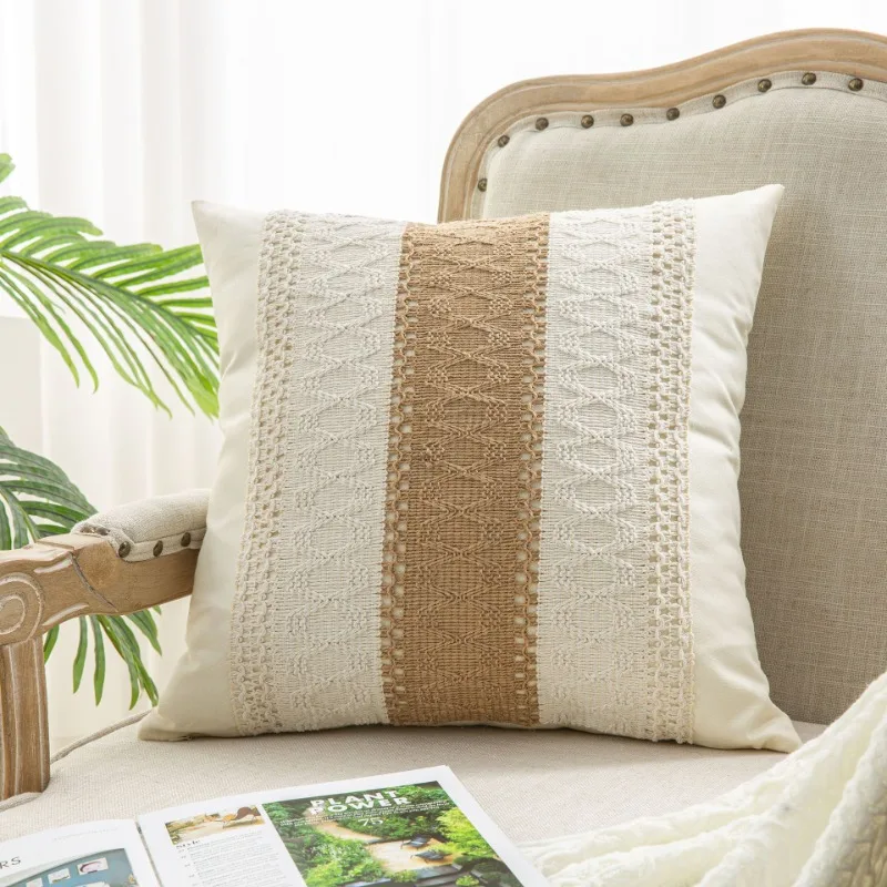 Coussin décoratif en lin bohème taie d'oreiller en tissu tricoté style chique texture naturelle décoration int