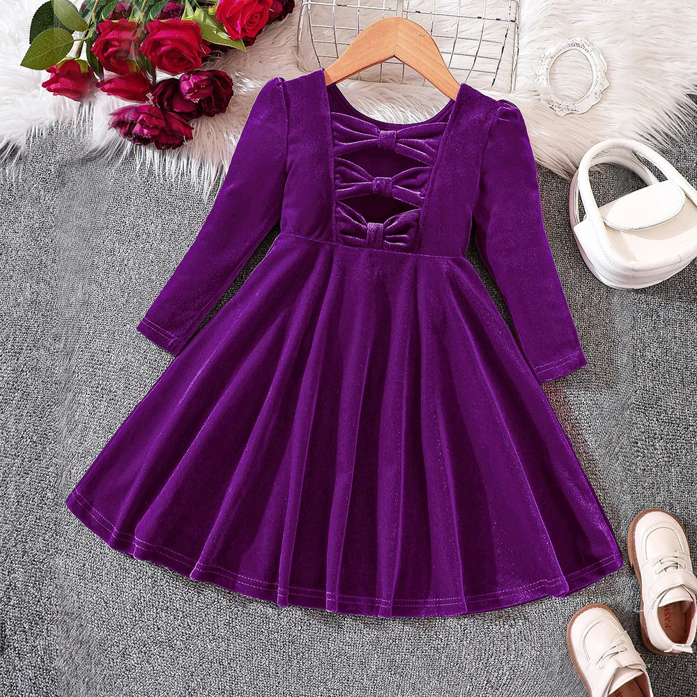 Robe de Princesse en Velours pour Fille 46 Ans Tenue de Fête Élégante Manches Longues Décolleté Carré Nœuds Dé