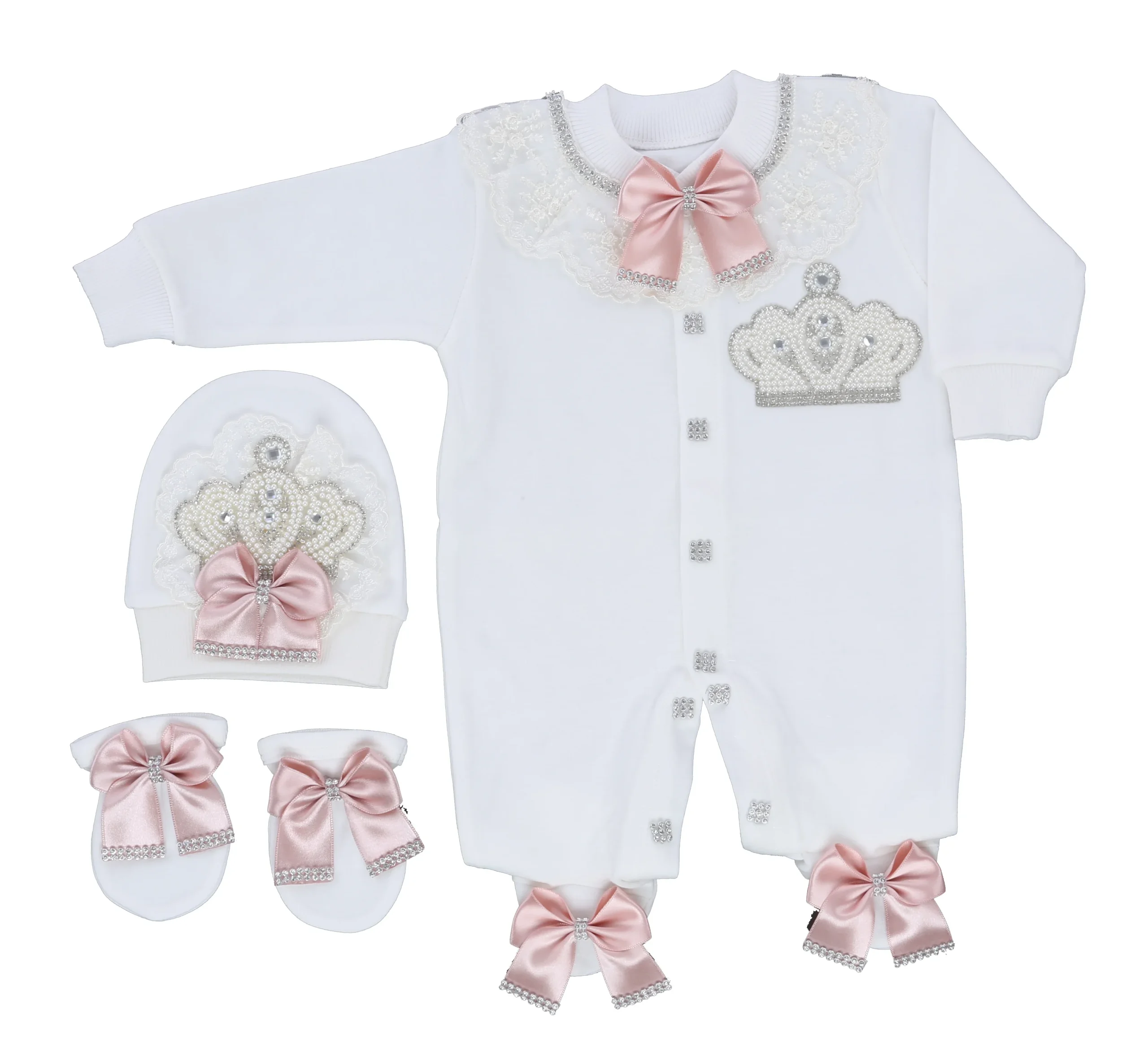 Ensemble bébé princesse 3 pièces couronne layette coton naissance accessoires bonnet chaussures élégant