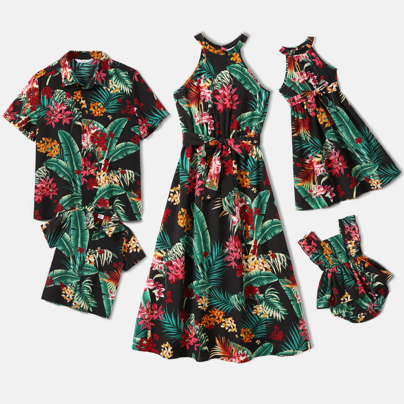 Ensemble floral famille été robe longue femme chemise homme robe enfant accessoires assortis style tropical vê