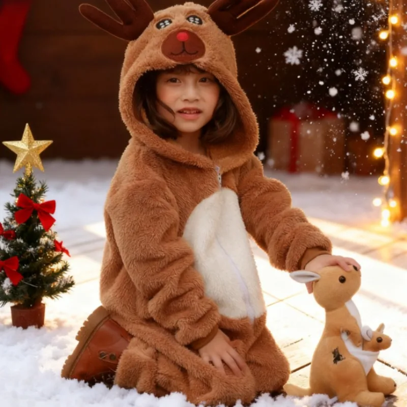 Costume d'animal de famille Noel jeu renne parentenfant vêtements maison molleton corail tenue assortie khaki