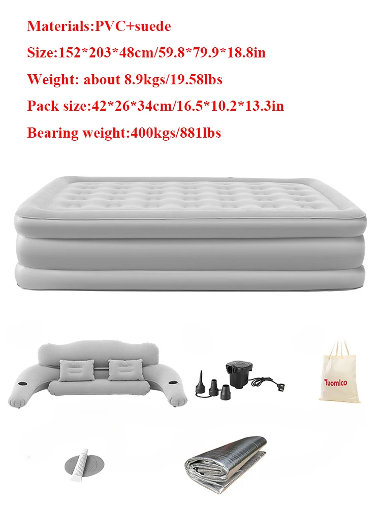 Matelas gonflable Tuomico 152x203x48cm lit d'intérieur/extérieur camping tapis de canapé 2 places light grey p