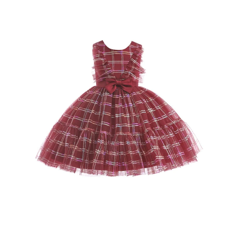 Robe de princesse pour enfant maroon à carreaux nœud à la taille robe de bal sans manches occasion spéciale ma