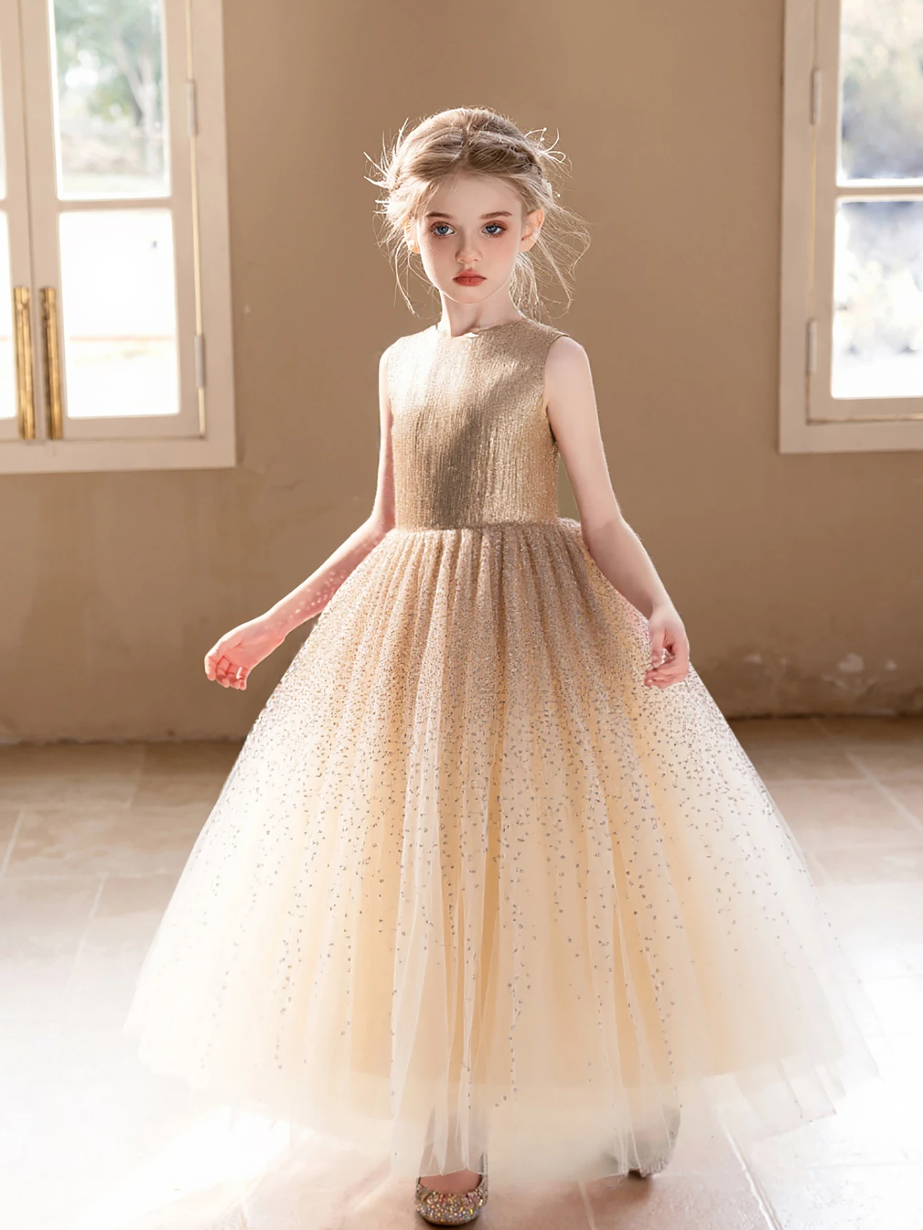 Robe de princesse pour filles haut de gamme Champagne à paillettes pour fête d'anniversaire mariage jupe bouff