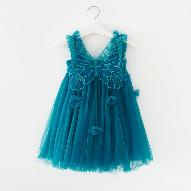 Robe princesse été fille jupe maille papillon fête anniversaire enfants 06 ans 2024 bleu turquoise