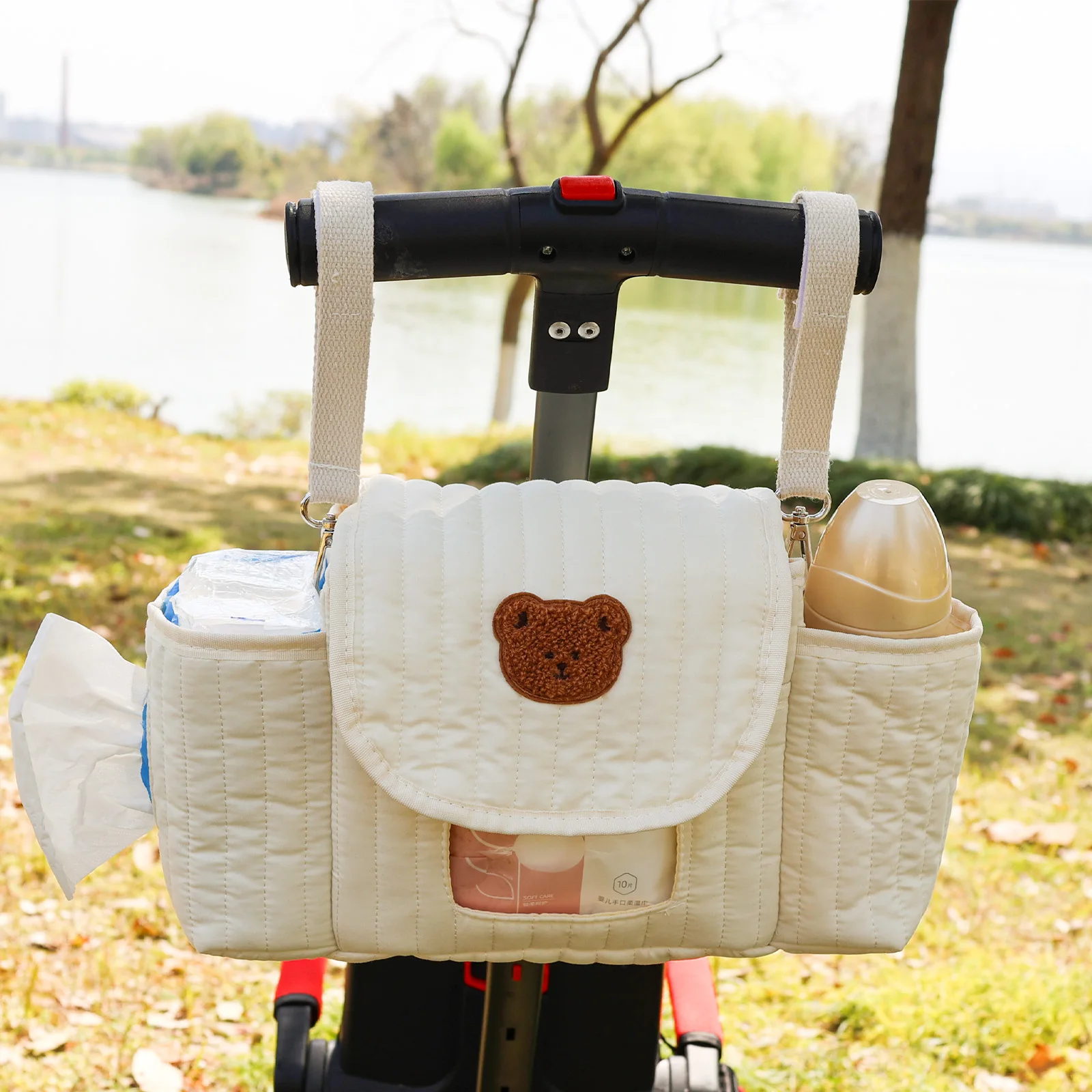 Sac Organizer de Poussette en Tissu Matelassé Design Moderne avec Poche à Lingettes et Étui à Biberon pour béb