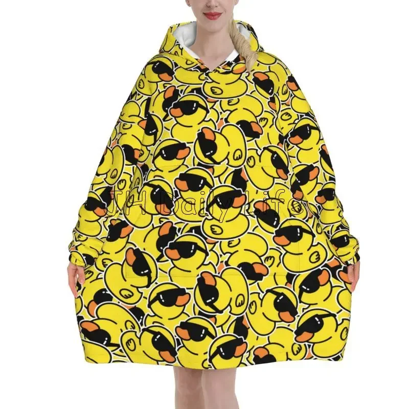 Poncho à capuche jaune canards dessin animé doux et chaud robe de bain ample idéal détente maison voyage adult