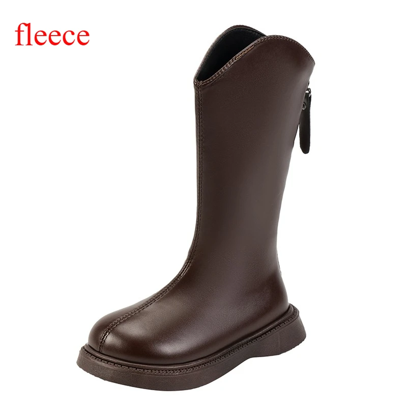 Botte d'hiver pour enfant fille antiglissante avec fermeture éclair latérale en cuir synthétique coloris marro