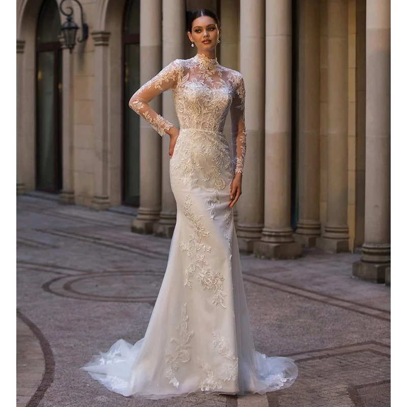 Robe de mariée gracieuse en organza broderie sirène manches longues col haut personnalisée mariage style simpl