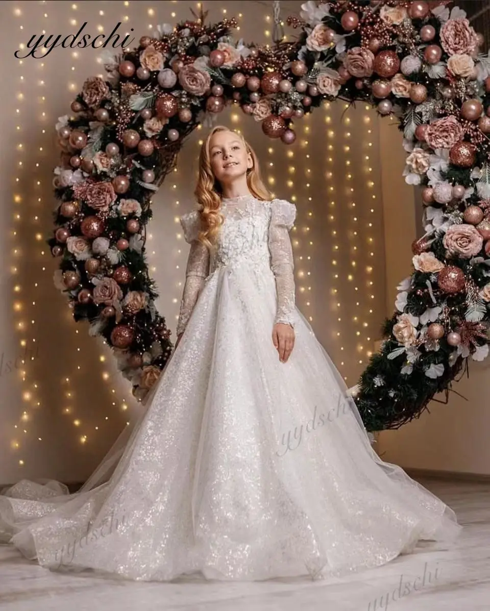 Robes de filles personnalisées pour mariage manches longues paillettes première communion anniversaire 2025