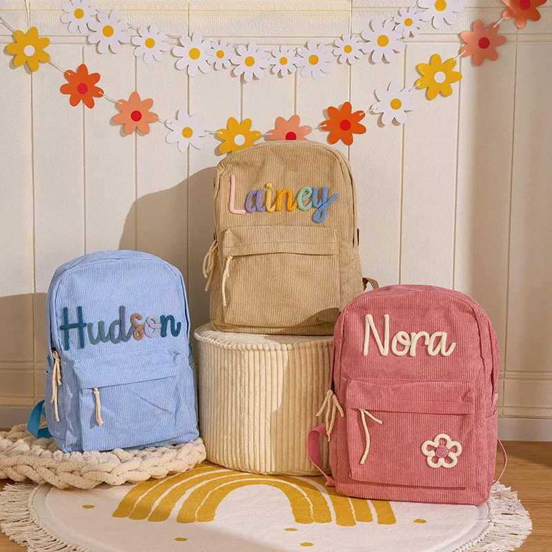Sac à dos personnalisé pour enfants brodé velours côtelé maternelle primaire sécurité confort schoolbag