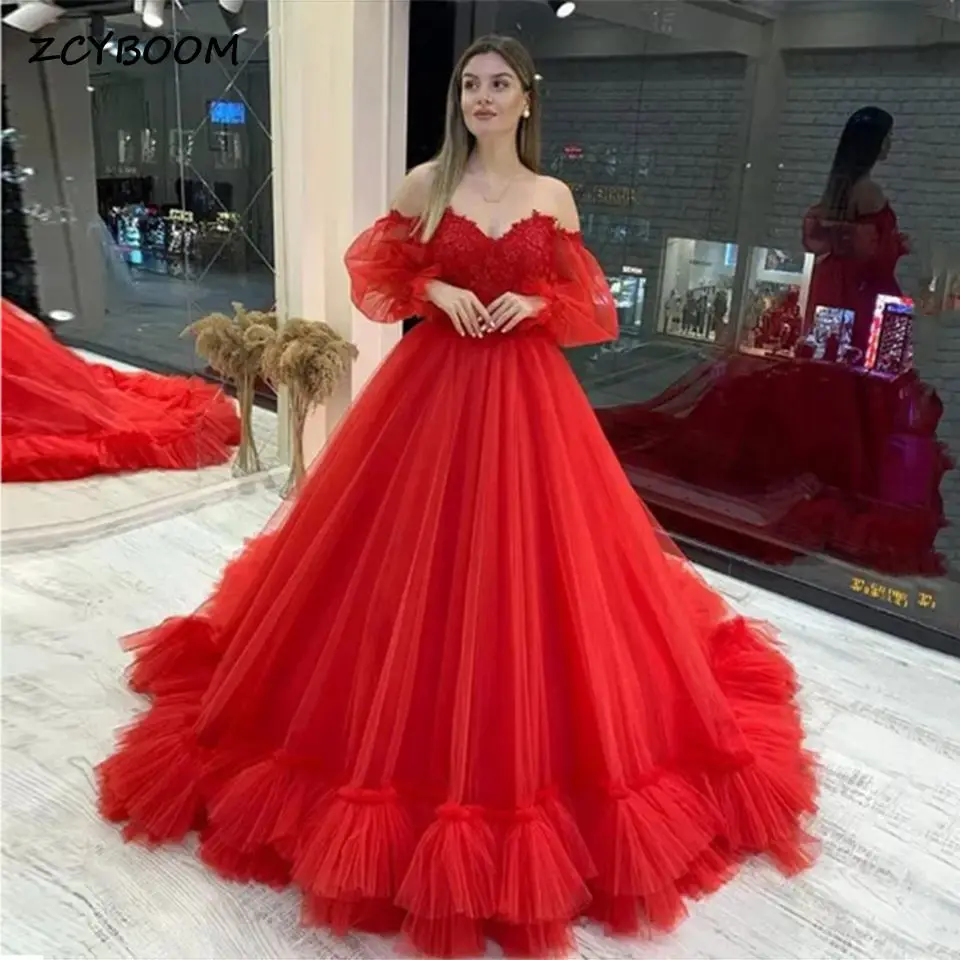 Robe de soirée formelle rouge 2025 épaules dénudées pour bébé tulle appliques gonflées manches longues robe de