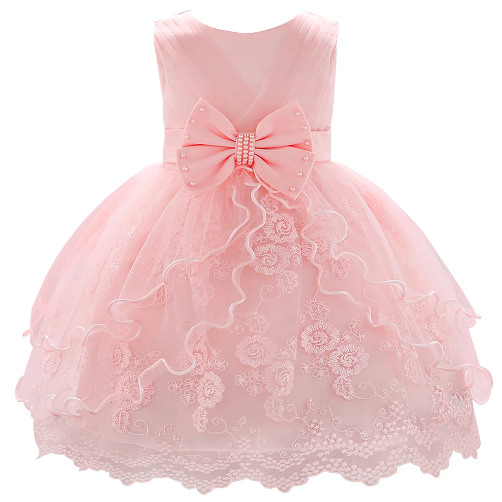 Robe bébé fille princesse sans manches dentelle nœud perles vêtements Tutu fête mariage anniversaire occasion