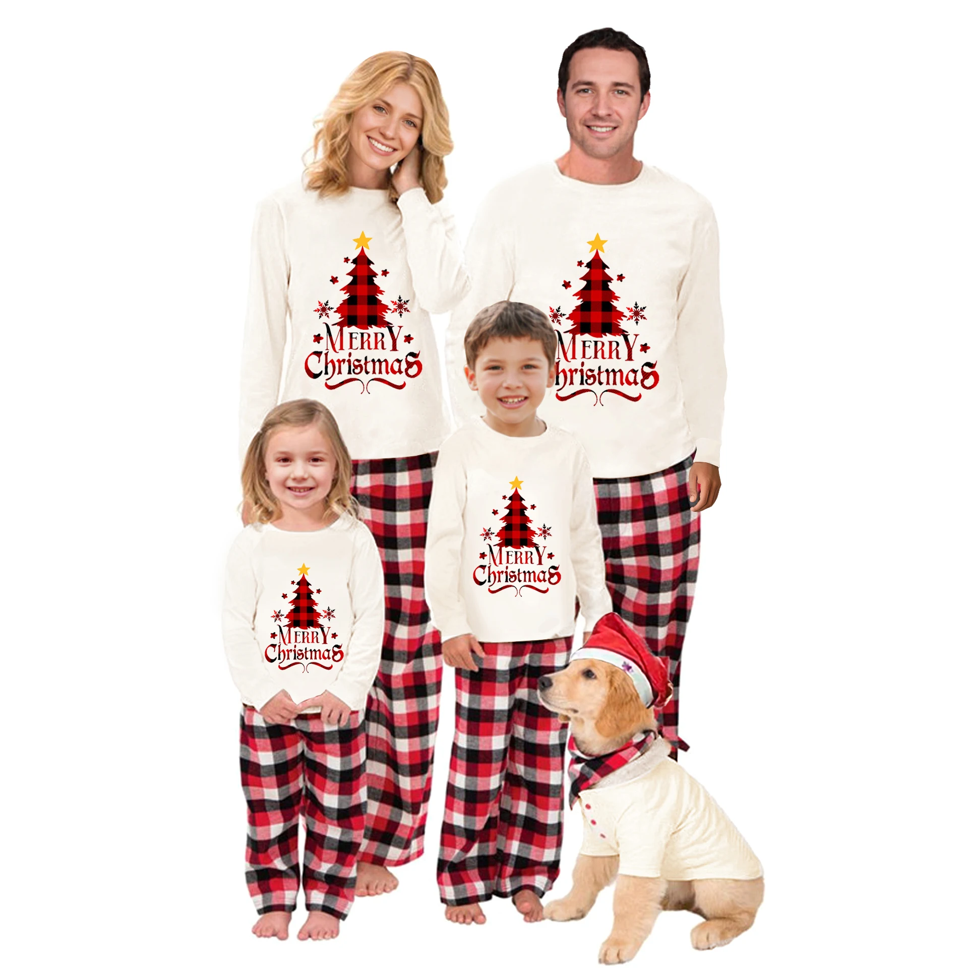 Ensemble pyjama de Noël famille assorti hauts manches longues pantalons carreaux style festif incluant animal