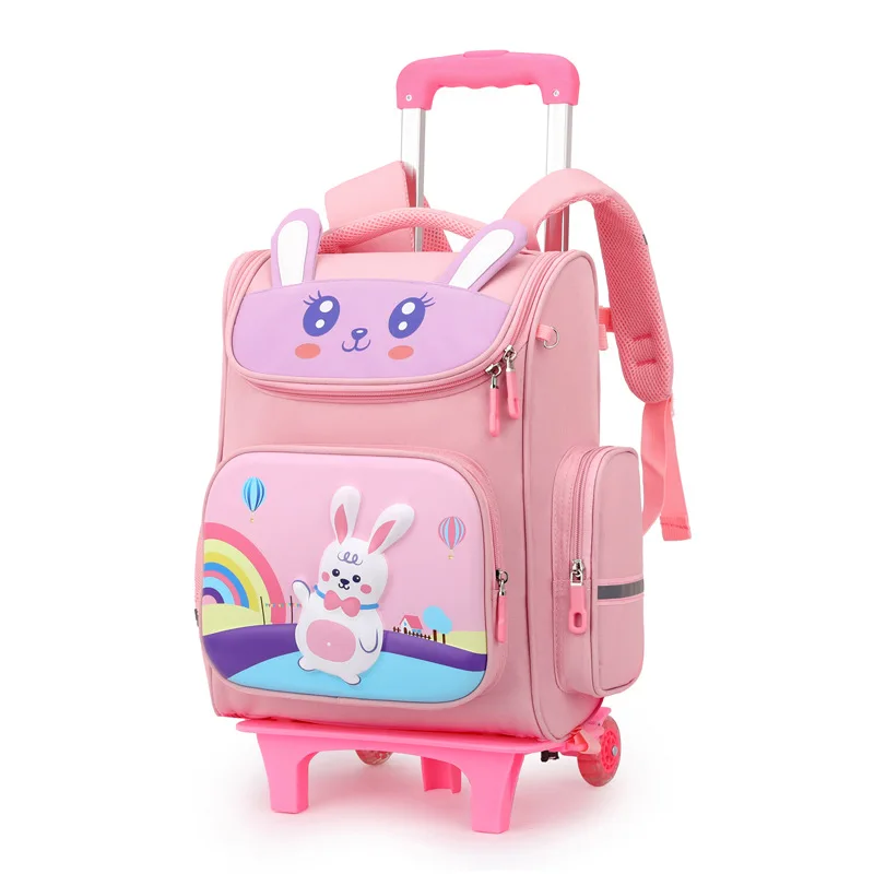 Sac à dos à roulettes pour enfant cartable école primaire voyage design poussin et loup polyester zippé poigné