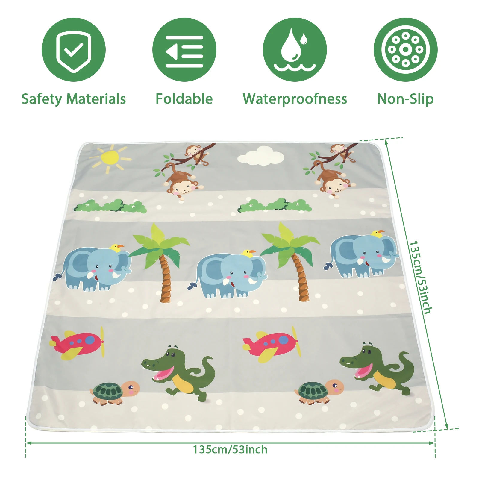 Tapis de jeu PVC antidérapant pour bébé pliable imperméable motifs animaux 135x135cm durable facile à nettoyer