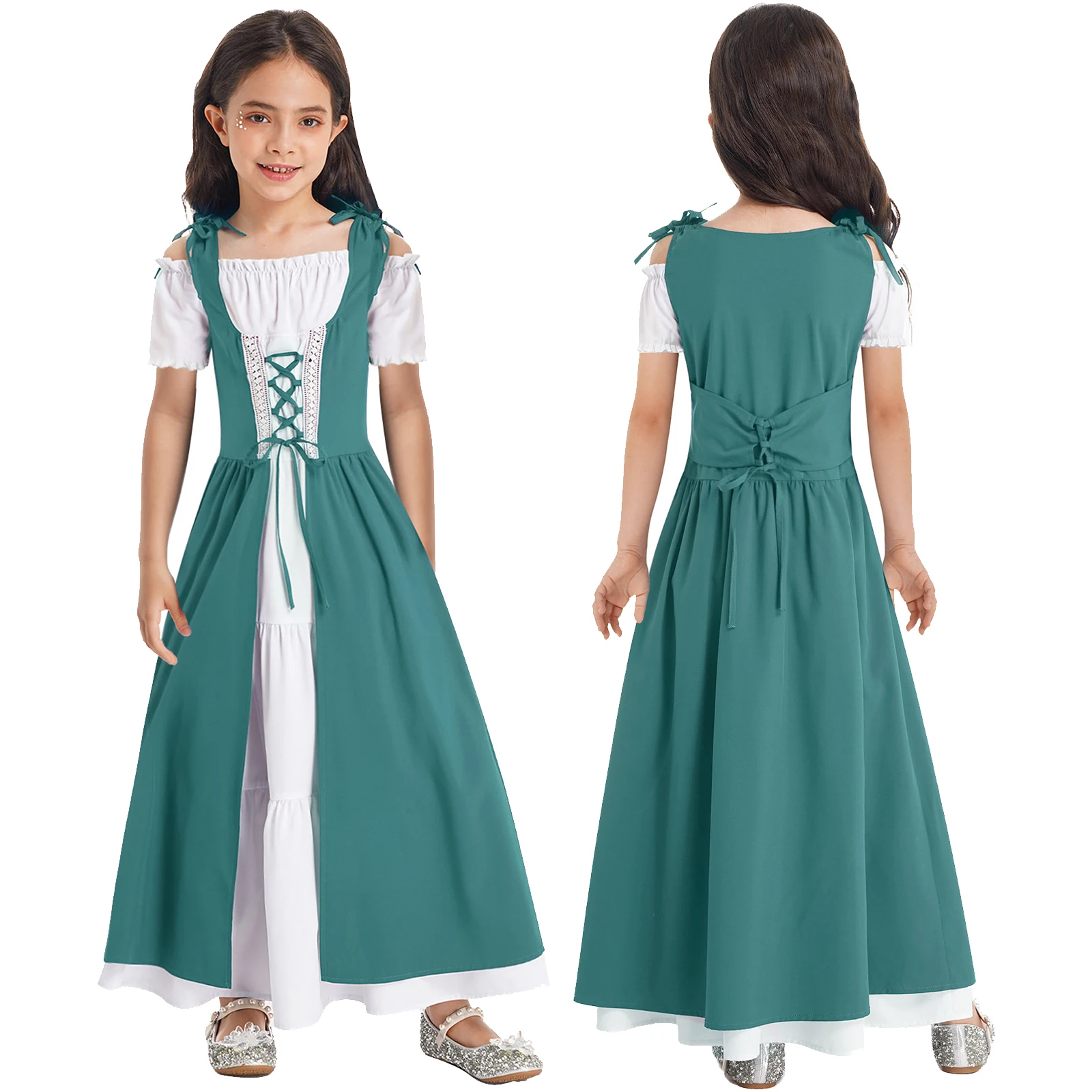 Robe médievale princesse Renaissance pour filles costume à lacets style vintage vert longue évasée idée cadeau
