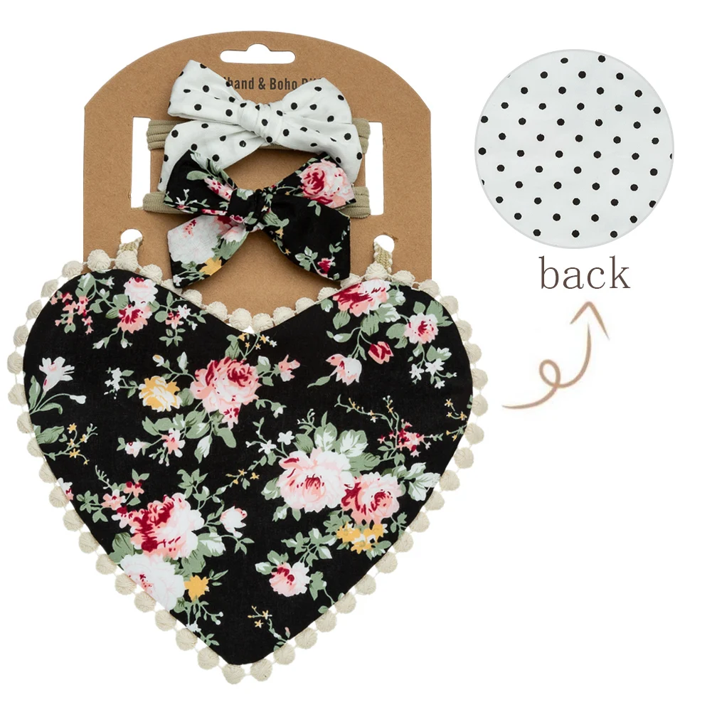 Bavoirs en forme de cœur pour bébé 3 pièces double face à fleurs accessoires photo enfants bandanas en coton d