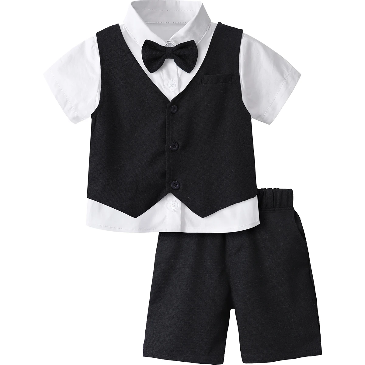 Ensemble costume bébé garçon formel 3 pièces coton noir chemise gilet short mariage anniversaire occasion spéc