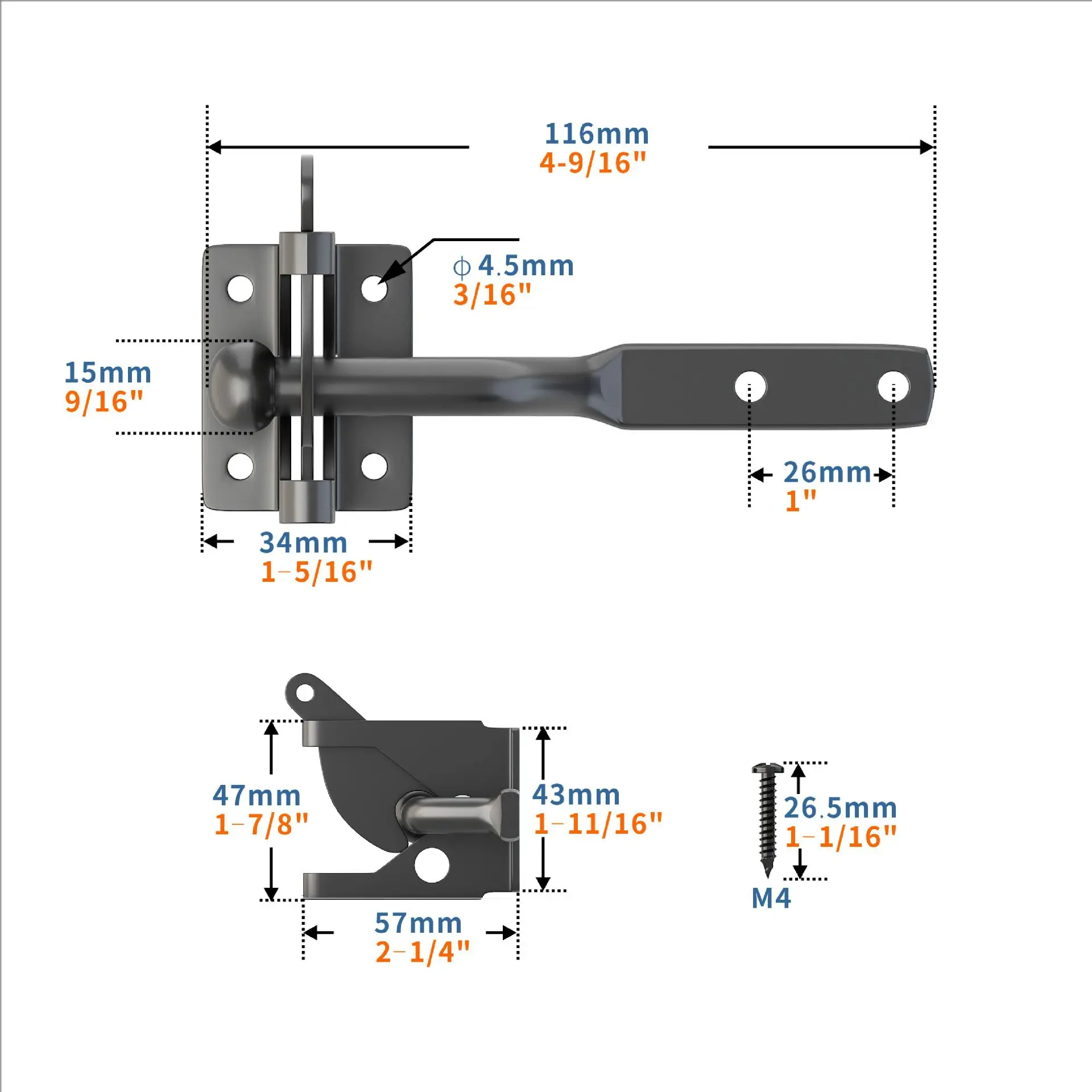 Verrou à pêne métallique robuste pour portail extérieur serrure sécurisée quincaillerie durable facile à insta