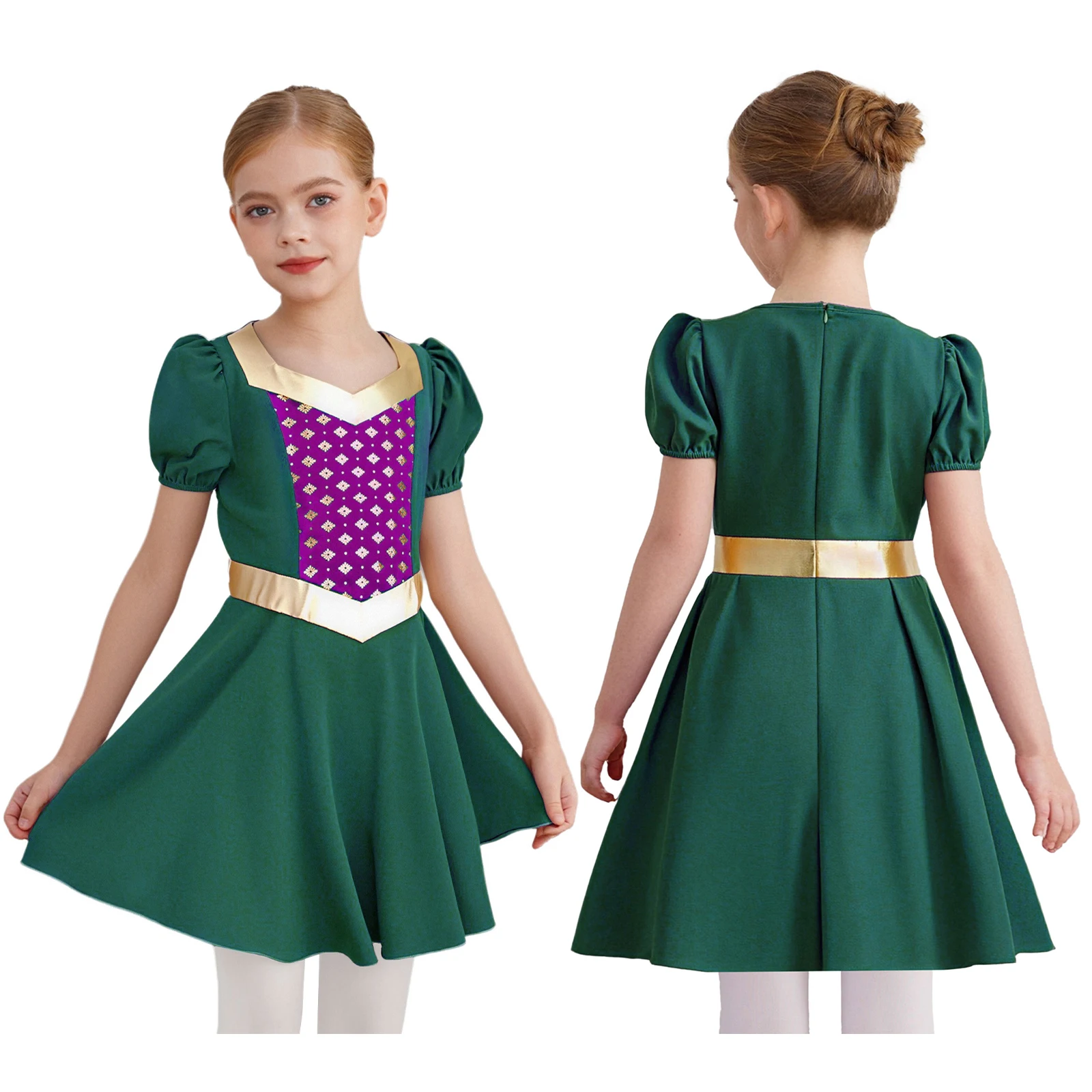 Robe princesse médiévale Renaissance pour fille imprimé métallique manches courtes volants Costume de fête Cos