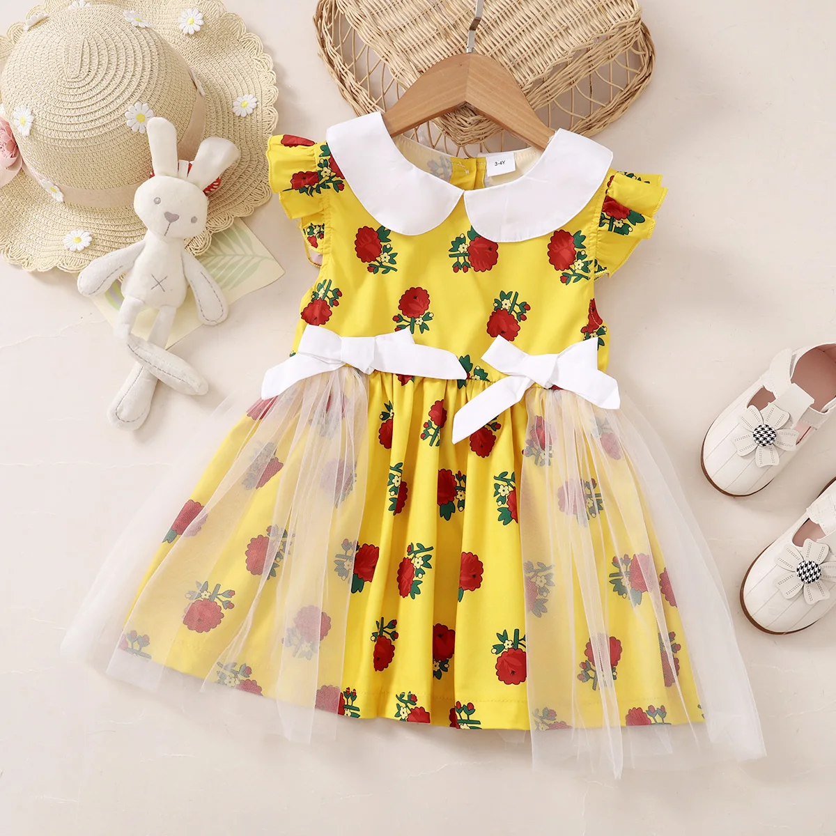 Robe fille jaune imprimé rose tissu doux robe évasée manches courtes col large nœuds tailleur style girly 35 a