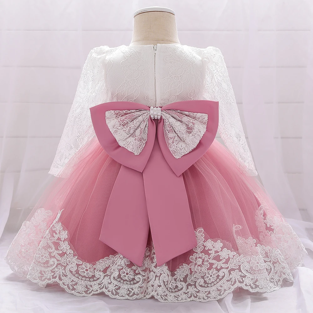 Robe de baptême fille tenue cérémonie enfant robe de fête bébé fille style romantique dentelle et tulle nœud P