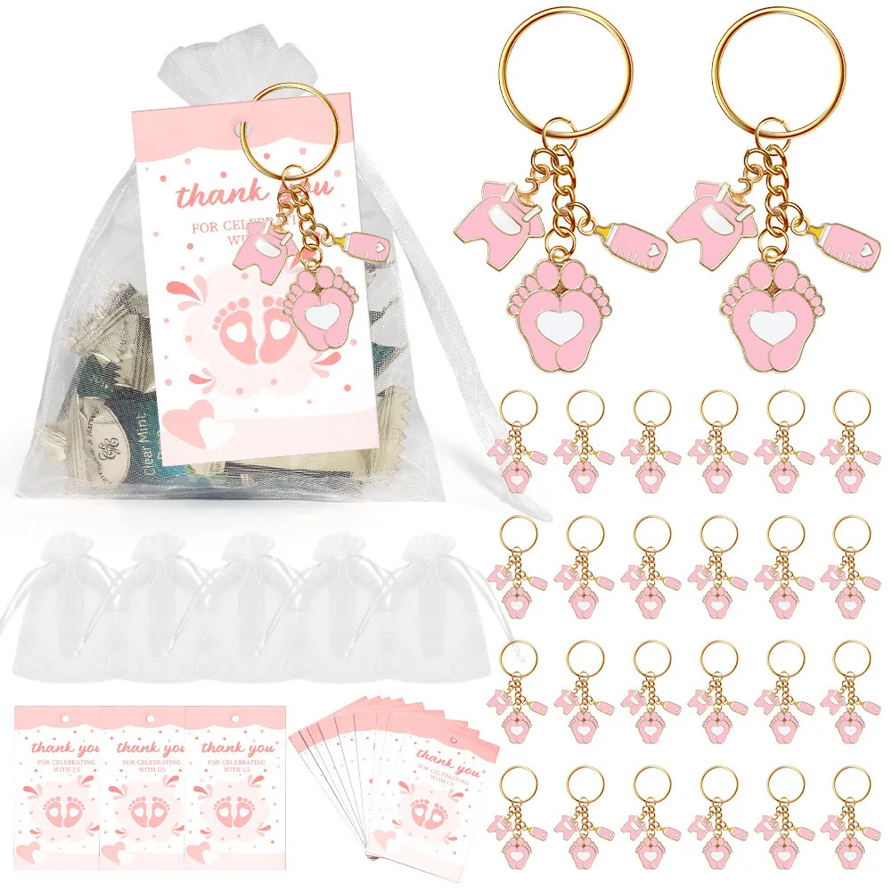 Ensemble porteclés bébé thème footprint et tétine sachets organza cadeaux naissance et fêtes 24 pièces rose et