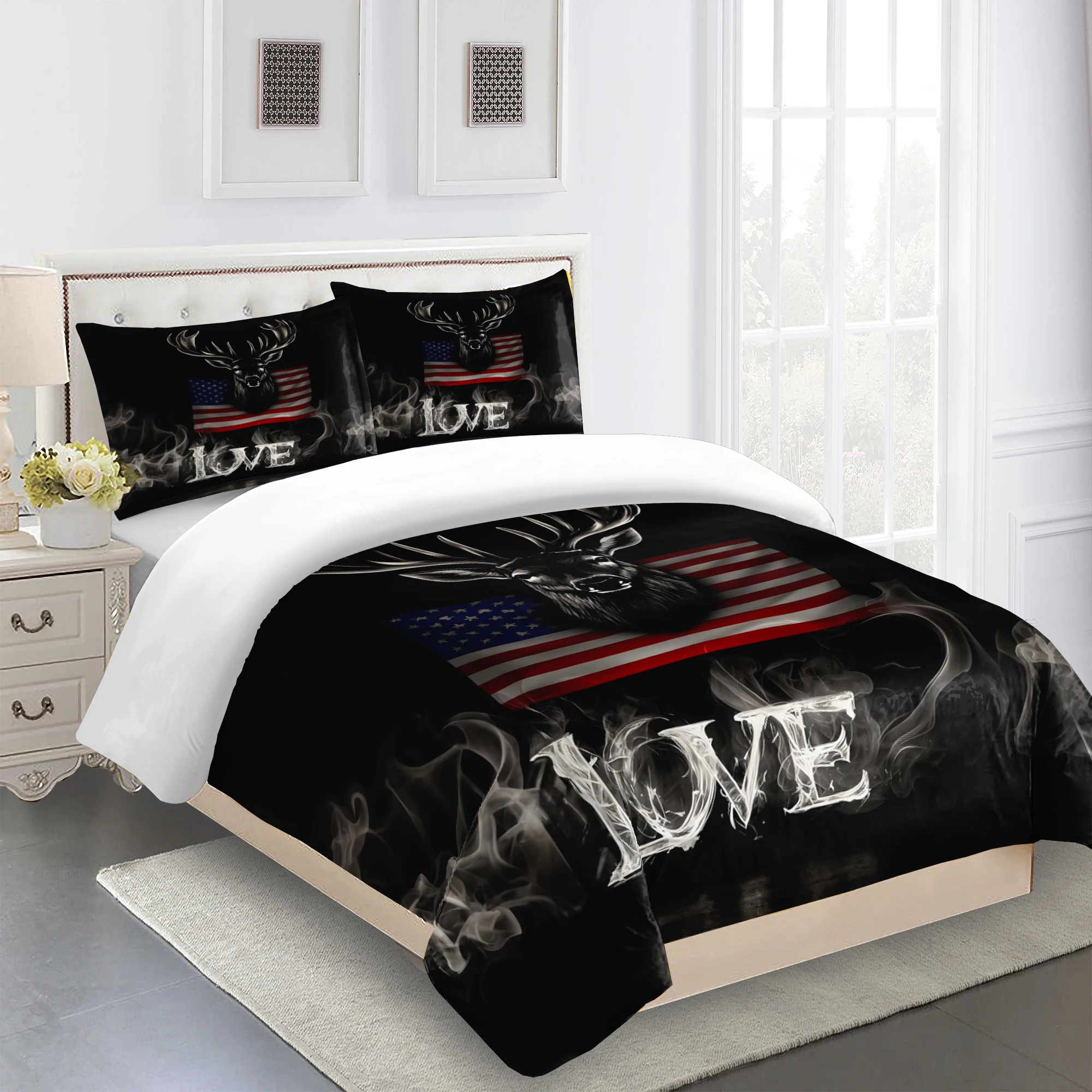 Parure de lit motif cerf noir housse couette et taies oreiller design audacieux polyester chambre bébé ou adul