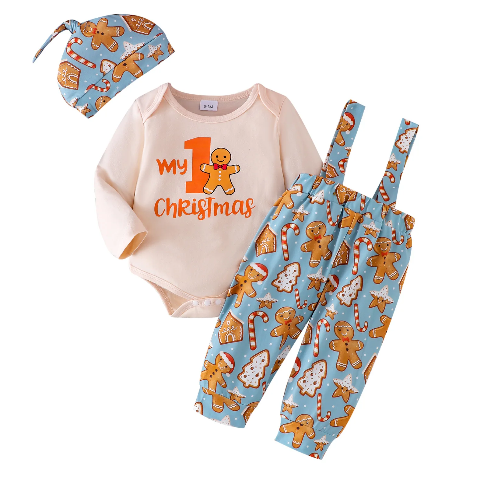 Ensemble de Noël 3 pièces pour bébé garçon body vert pantalon à bretelles chapeau Noel tenue festive pour prem