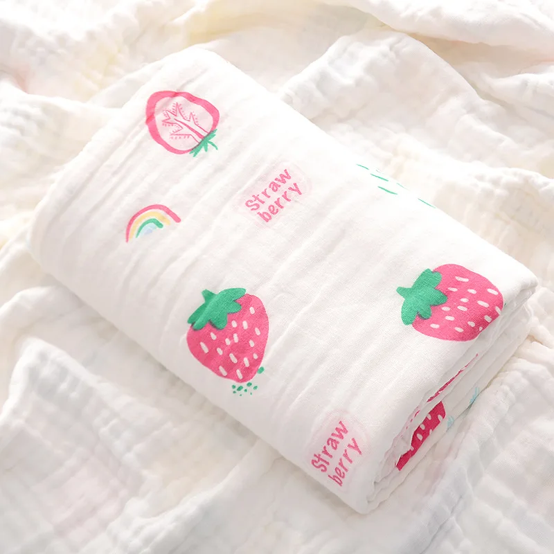 Couverture bébé en muslin coton doux motifs fraises arcenciel serviette bain nouveauné 4 couches gaze idée cad