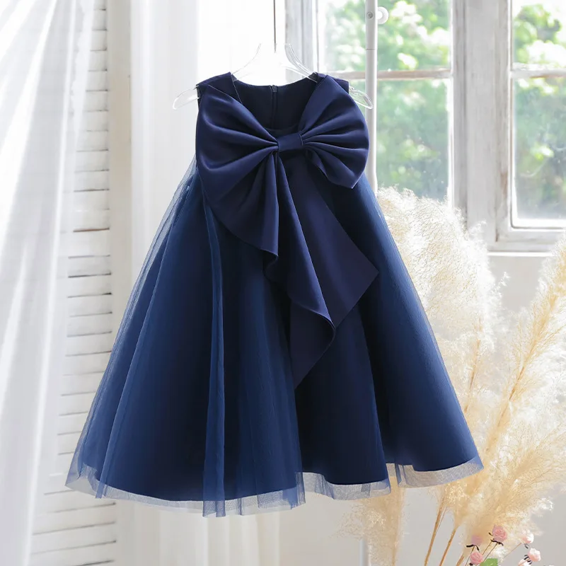 Robe princesse pour filles robe d'été en tulle bleu marine nœud