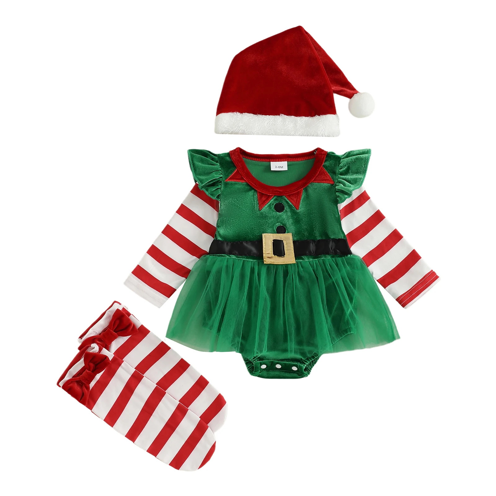 Costume Noël fille enfants bodysuit manches longues chapeau chaussettes rayées 3 pièces 02 ans