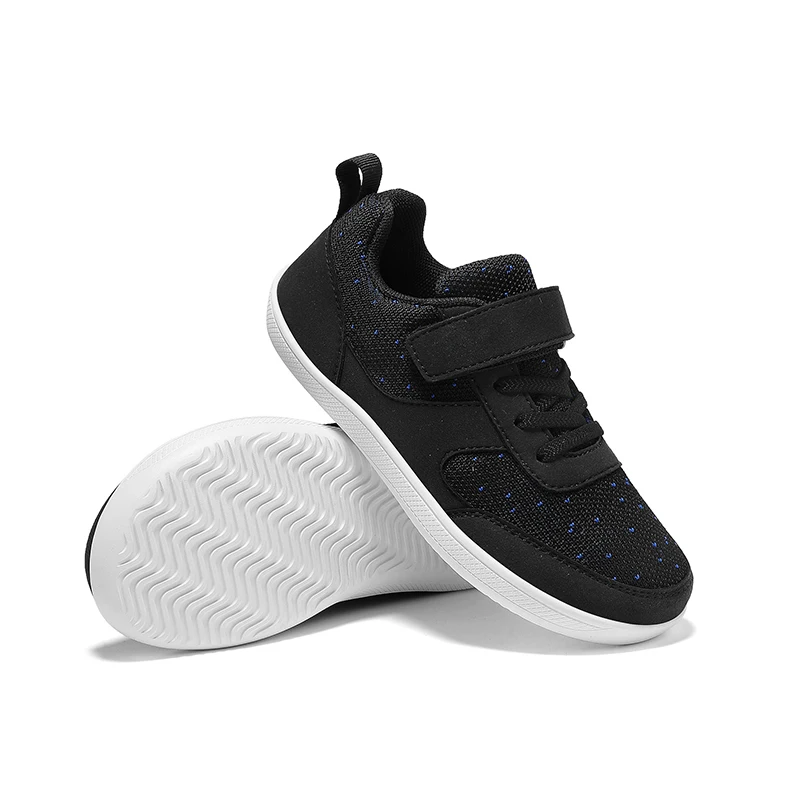 Chaussures enfants bout large pieds nus baskets légères antiglisse Velcro laces textile respirant moderne noir