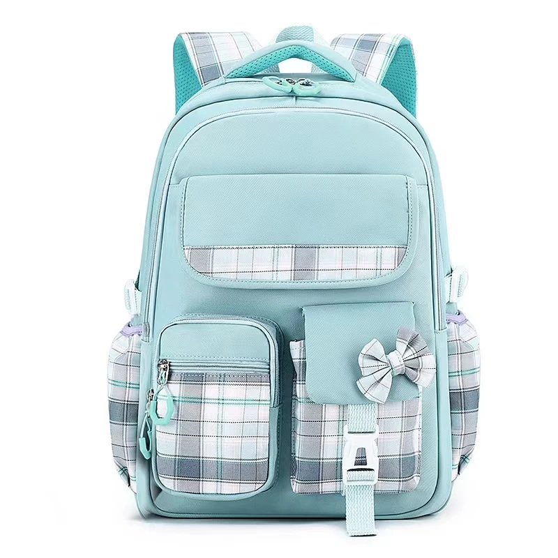 Sac à dos enfant design écolier tissu synthétique bleu turquoise motifs carreaux poches multiples fonctionnel