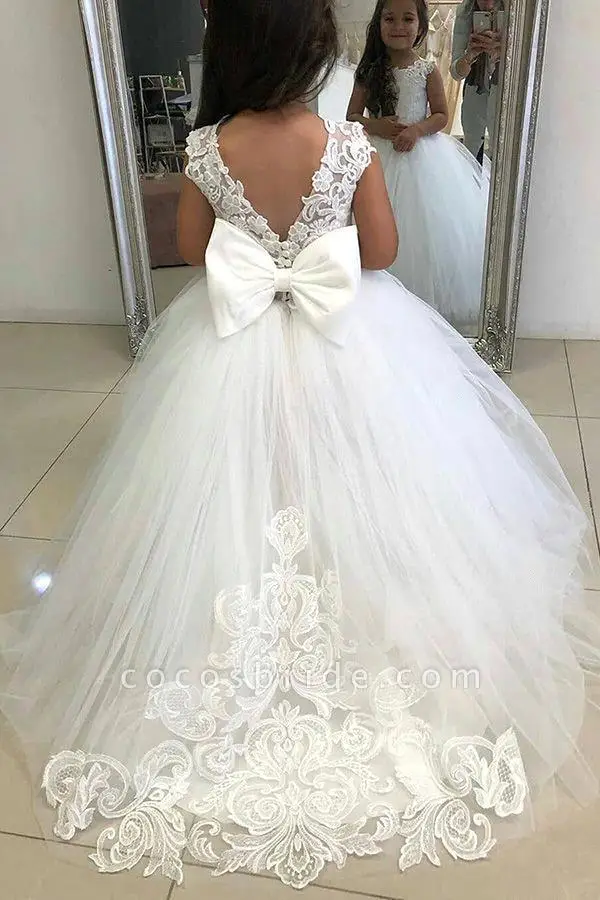 Robe demoiselle honneur blanche princesse dentelle fleurs nœud satin communion mariage enfant baptême événemen