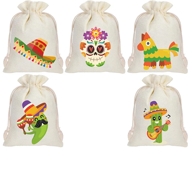 Sacscadeaux mexicains Cinco de Mayo décoration anniversaire bébé baby shower 5 pièces tissu coloré motifs cult