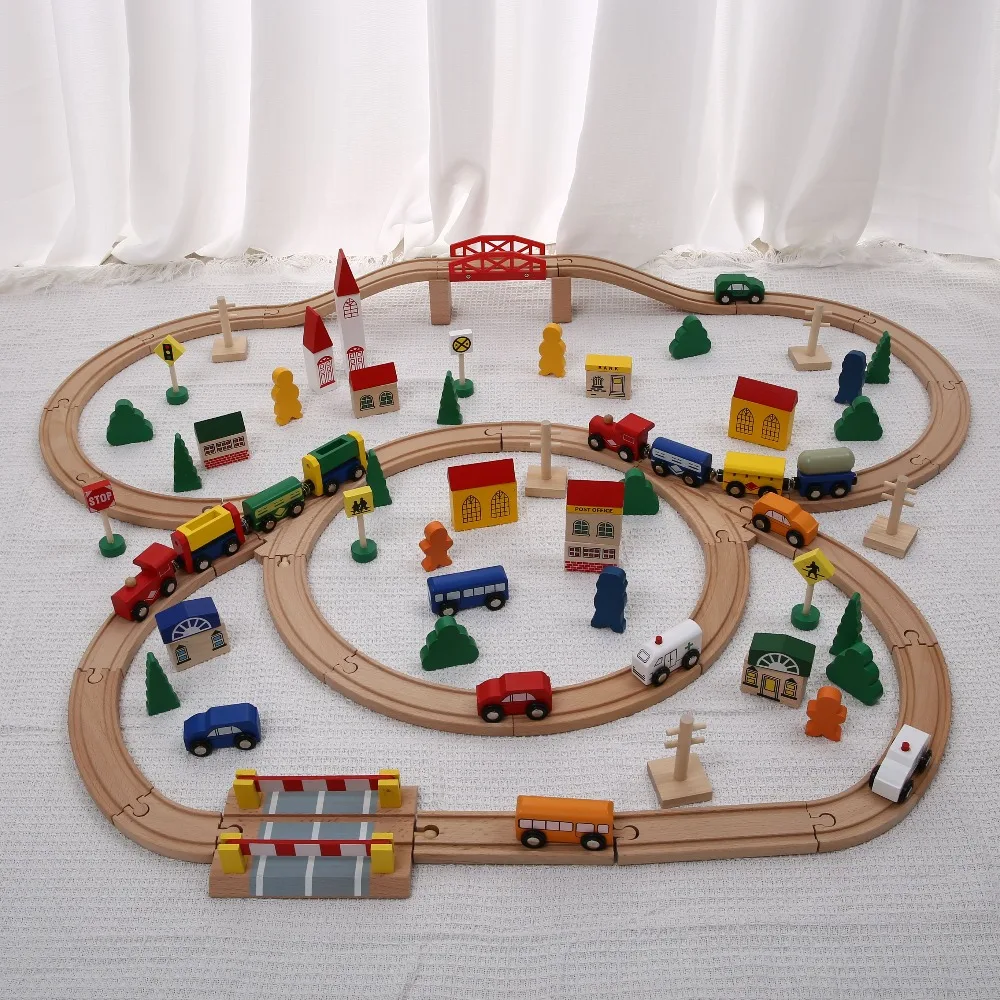 Ensemble train bois assemblage coulissant rails blocs construction