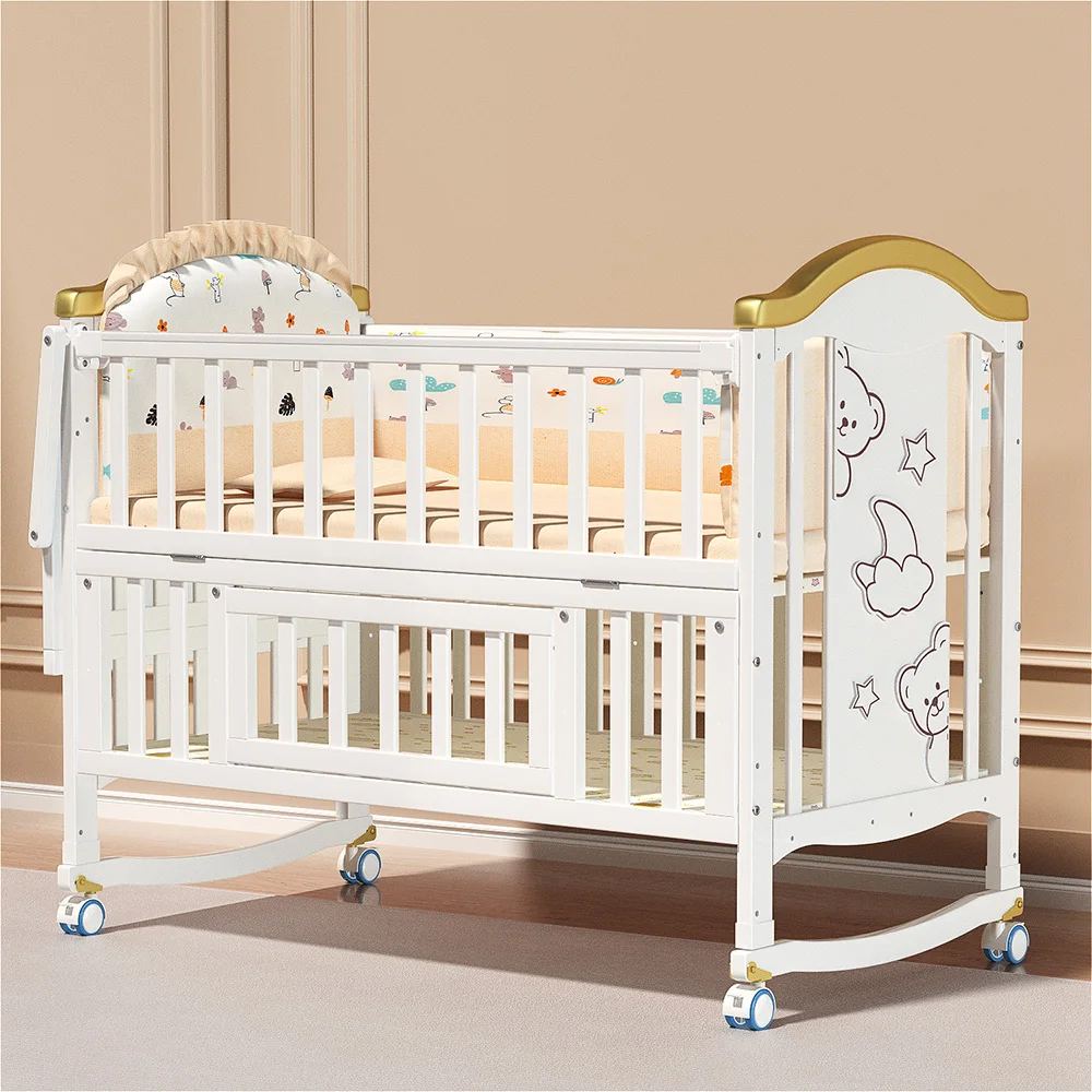 Berceau bébé en bois massif style européen blanc avec roues et barre abaissable Lit bébé moderne et sécuritair