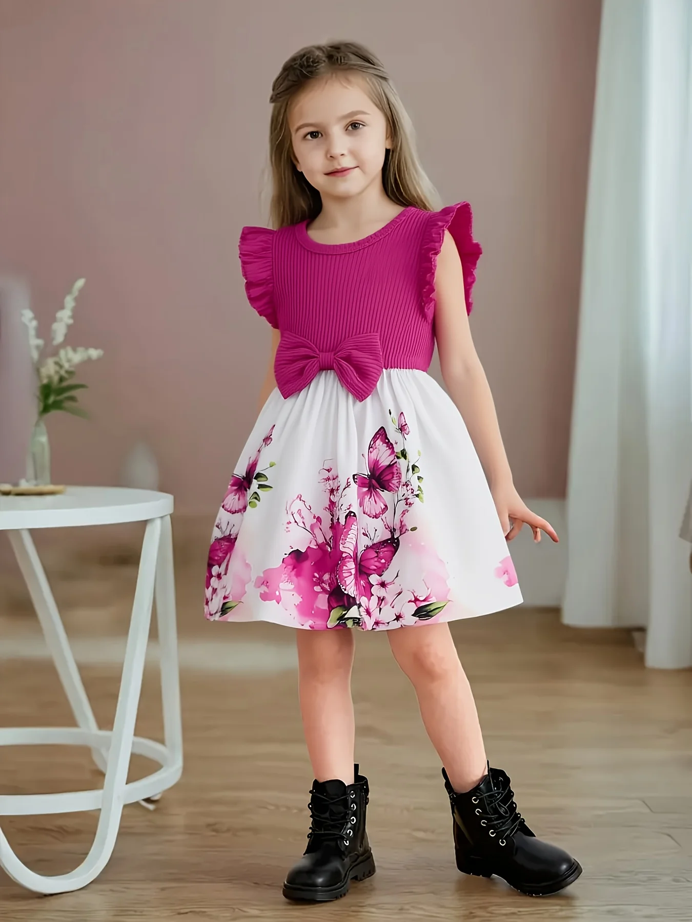 Robe rose à volants pour fille : tenue de soirée florale papillon avec nœud décoratif DD081B